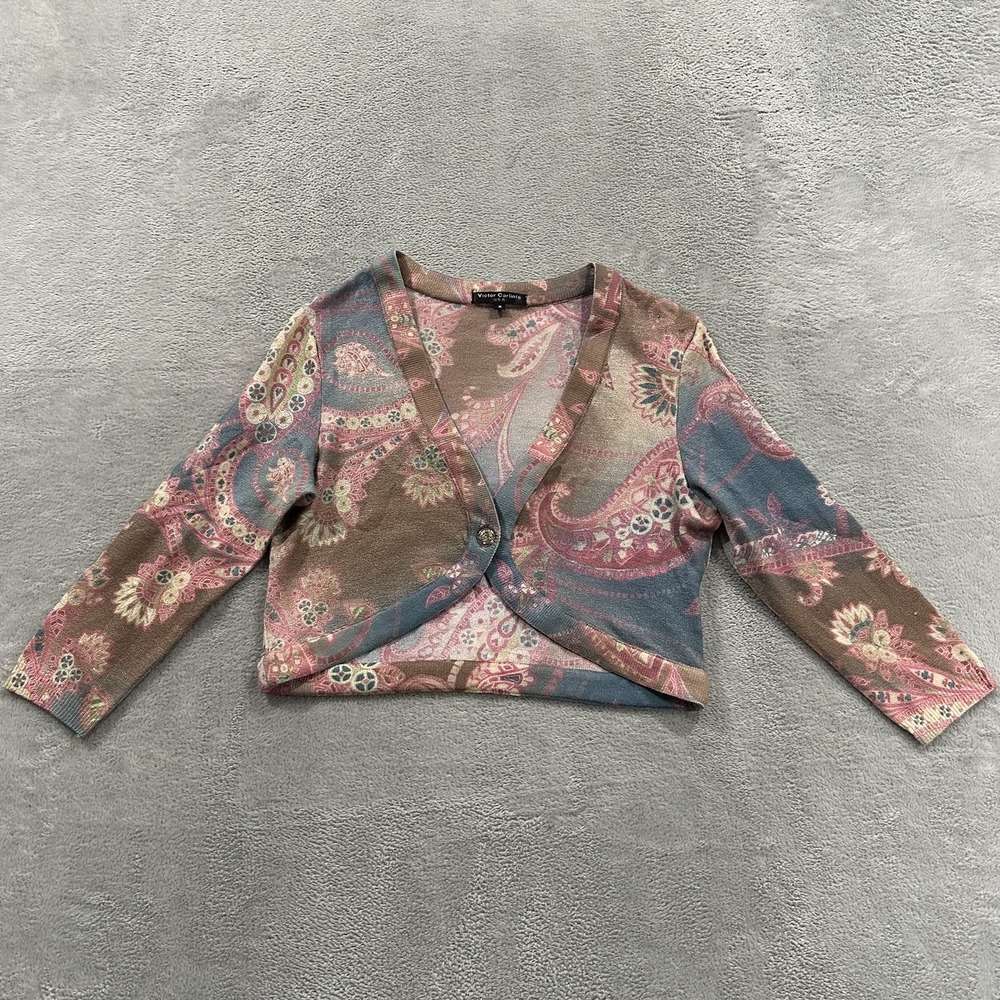 Victor Carlini Cardigan Button Sweater Women M Pink Blue Paisley Coquette Boho